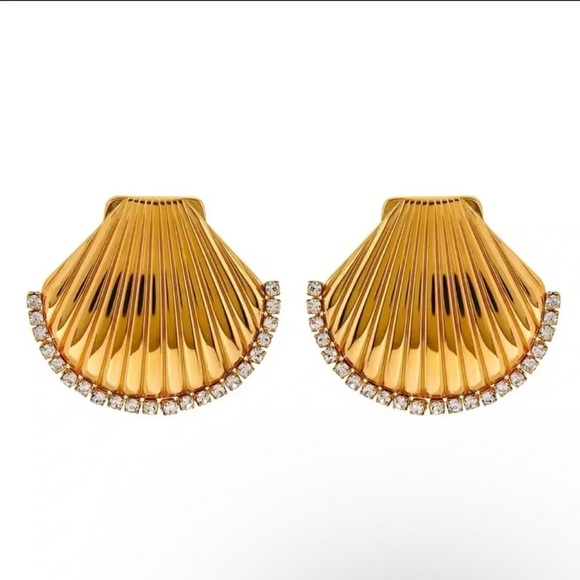 Anthropologie Seashell 18K Gold Stainless Steel Waterproof Crystal Earrings - Picture 7 of 10